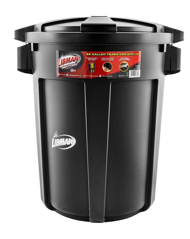 Libman 1385 Trash Can, 32 gal Capacity, Polyethylene, Black, Snap-On Rounded Closure