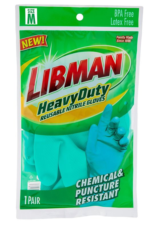 Libman 1318 Heavy-Duty Reusable Gloves, M, 13 in L, Nitrile, Green