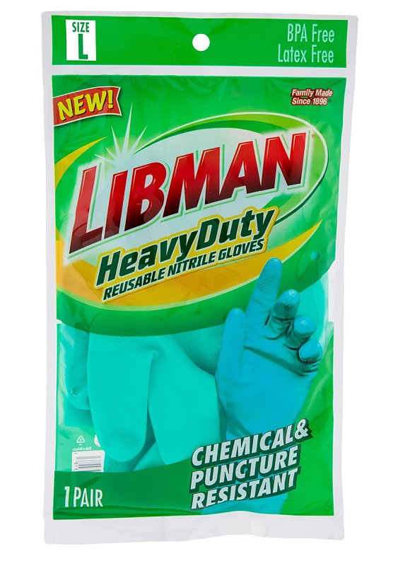 Libman 1319 Heavy-Duty Reusable Gloves, L, 13 in L, Nitrile, Green
