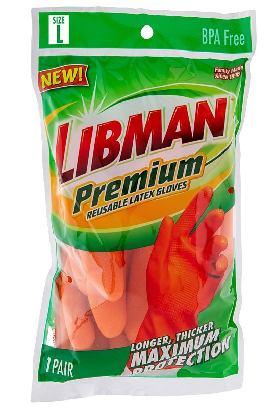 Libman 1325 Premium Reusable Gloves, L, 13 in L, Latex, Orange