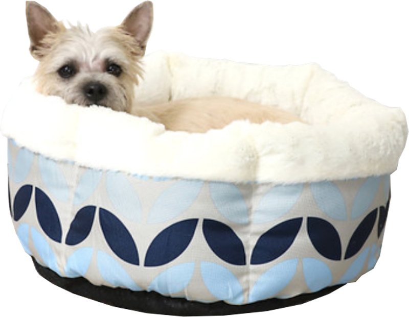 Petmate 81157 Pet Bed, 18 in L, 18 in W, Round, Petal Print Pattern, Poly Fill, Soft Plush Cover, Blue Denim