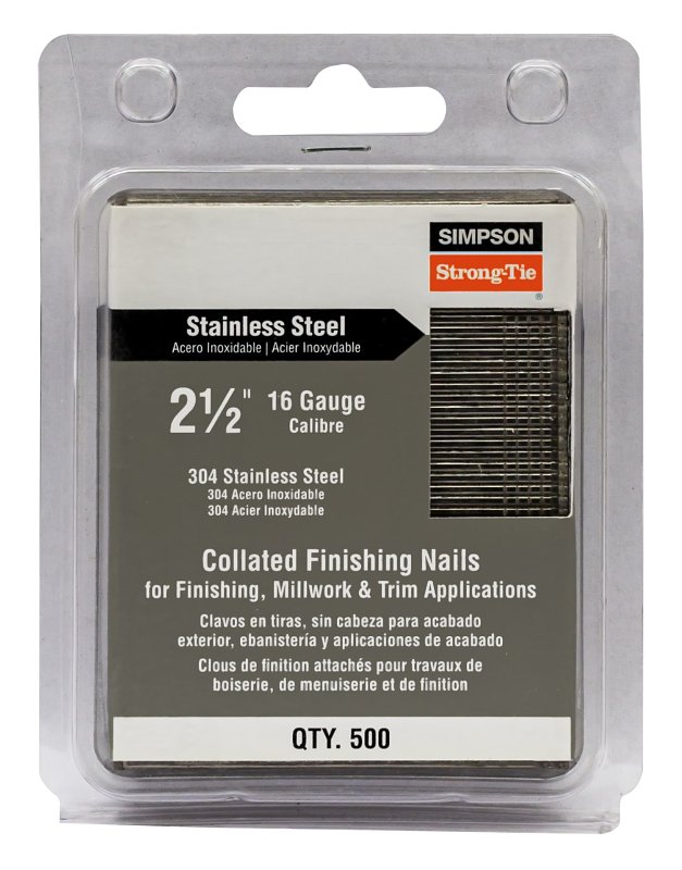 Simpson Strong-Tie S16N250FNB Series Finishing Nail, Adhesive, Straight Collation, 2-1/2 in L, 16 ga Gauge, 500/PK