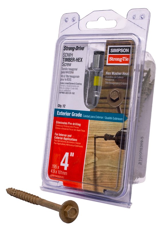 Simpson Strong-Tie Strong-Drive SDWH SDWH19400DB-R12 Timber Screw, 4 in L, Large Hex Washer Head, 5/16 in Drive