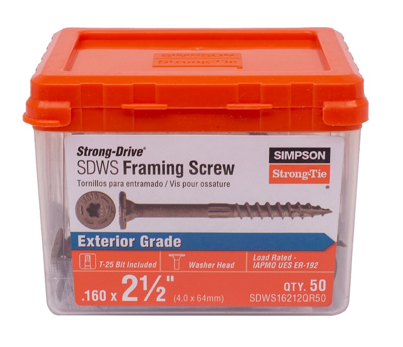 Simpson Strong-Tie Strong-Drive SDWS SDWS16212Q-R50 SDWS Framing Screw, 2-1/2 in L, Serrated Thread, Low-Profile Head