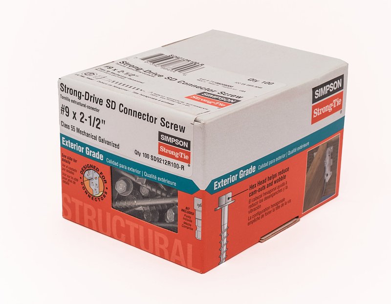 Simpson Strong-Tie Strong-Drive SD SD9212R100-R Connector Screw, #9 Thread, 2-1/2 in L, Serrated Thread, Hex Head