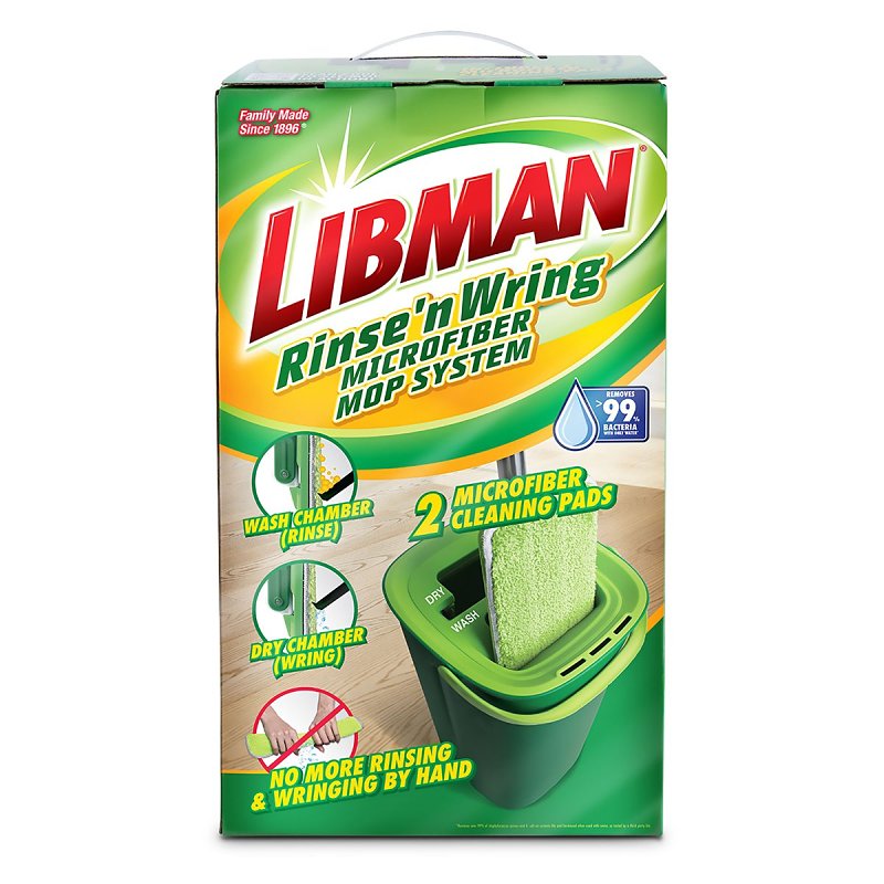 Libman Rinse 'n Wring 1516 Mop System, 51 in L, Loop and Hook Mop Connection, Microfiber Mop Head
