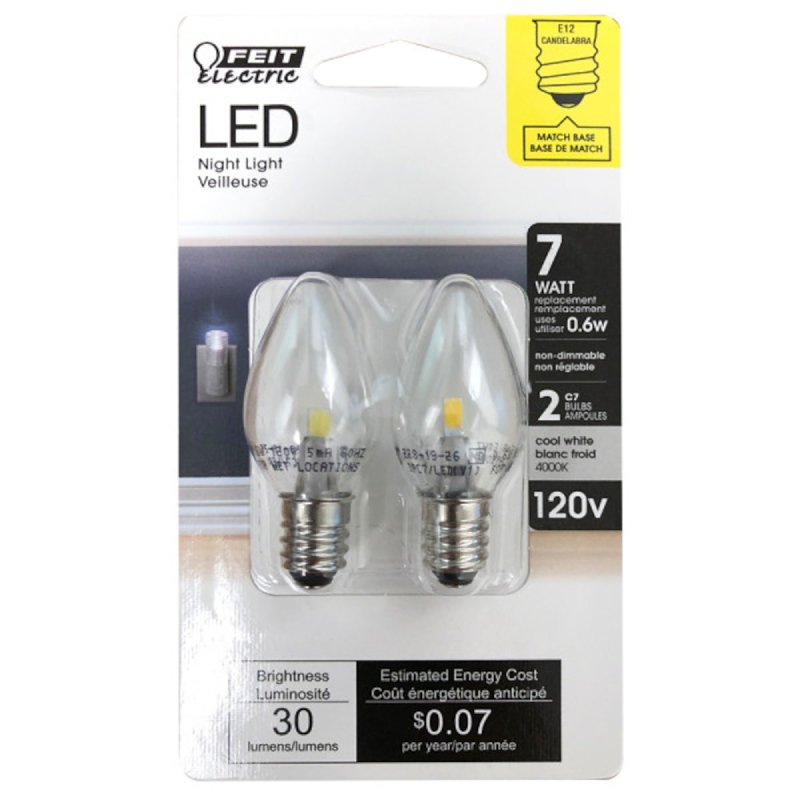 Feit Electric BPC7/LED LED Lamp, Decorative, C7 Lamp, E12 Lamp Base, Clear, White Light, 3500 K Color Temp