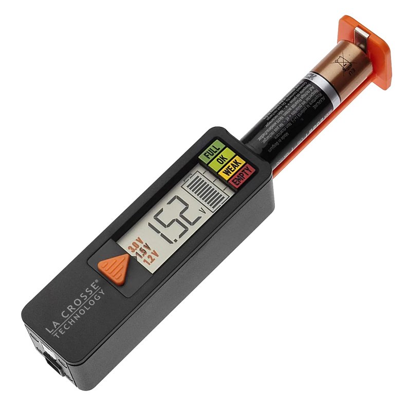La Crosse 911-143 Battery Tester, For: AAA, AA, C, D, N, 9V and Any 3V Button Cell Batteries
