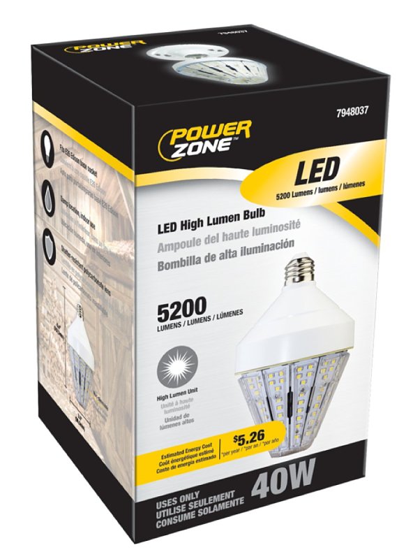 PowerZone GT-CTB-40A LED Bulb, Medium E26, 300 W Equivalent, LED Lamp Base, Daylight Light, 5000 K Color Temp