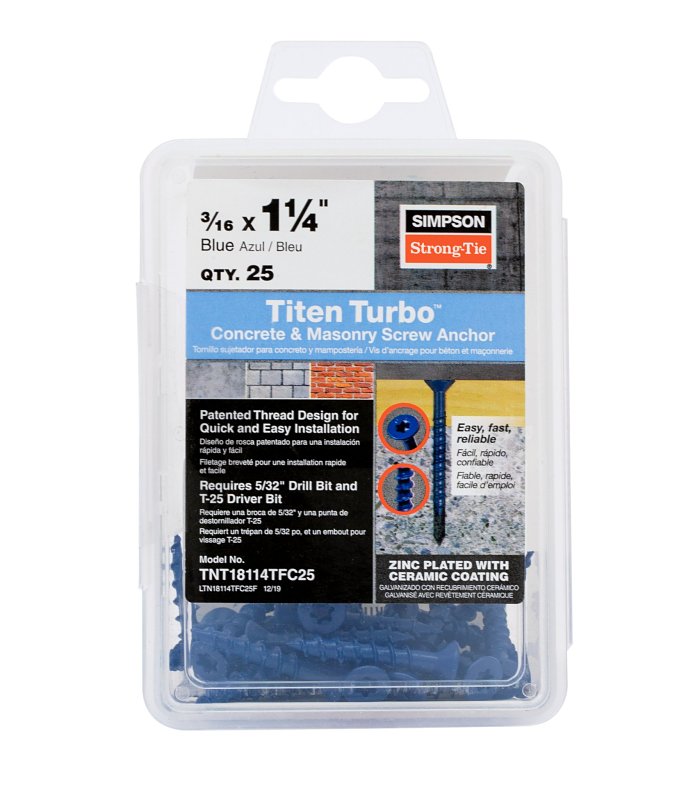 Simpson Strong-Tie Titen Turbo TNT18114TFC25 Screw Anchor, 3/16 in Dia, 1-1/4 in L, Carbon Steel, Zinc Plated