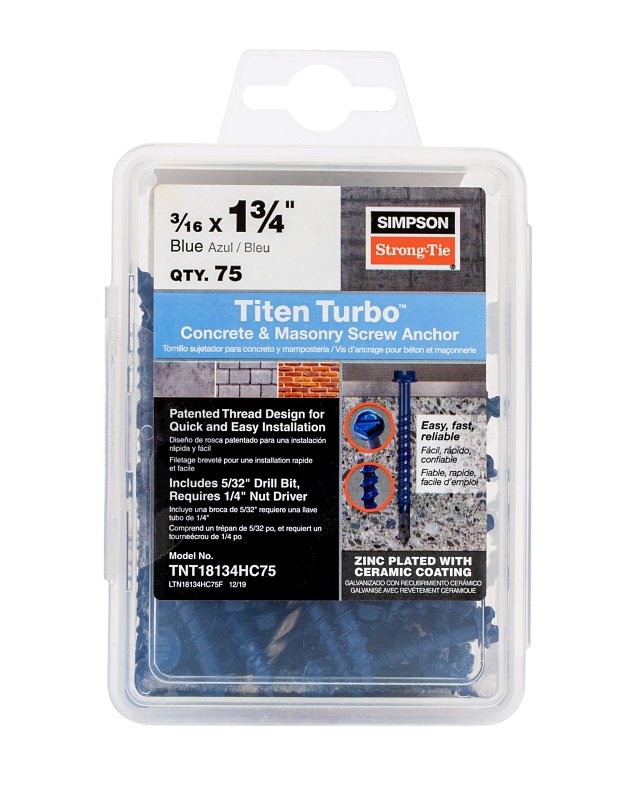 Simpson Strong-Tie Titen Turbo TNT18134HC75 Screw Anchor, Carbon Steel, Ceramic-Coated/Zinc, 3/16 in Dia, 1-3/4 in L