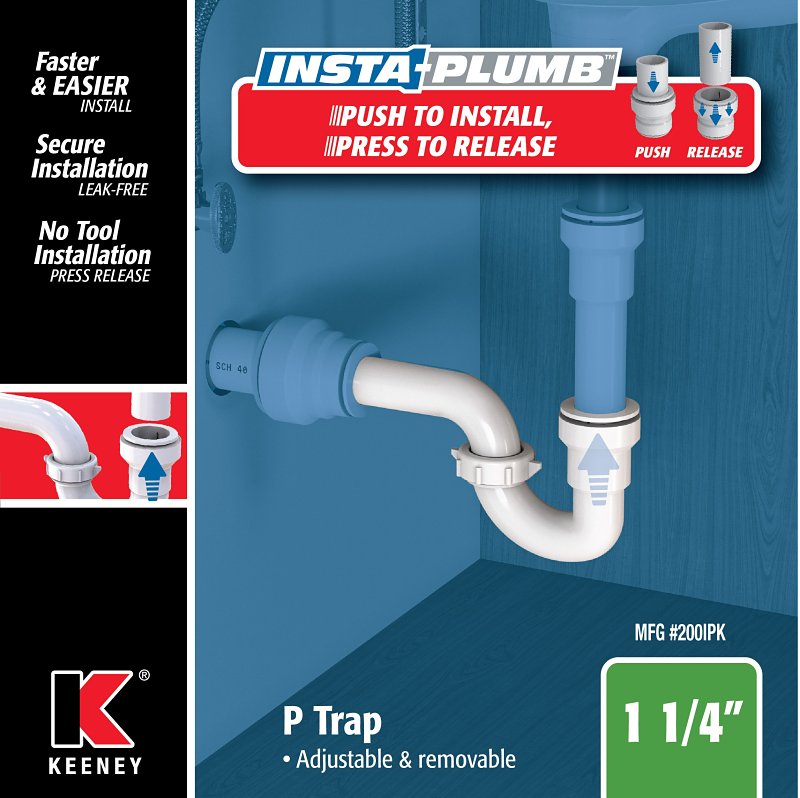 Insta-Plumb 200IPK P-Trap, 1-1/4 in, Push-to-Connect, Plastic, White