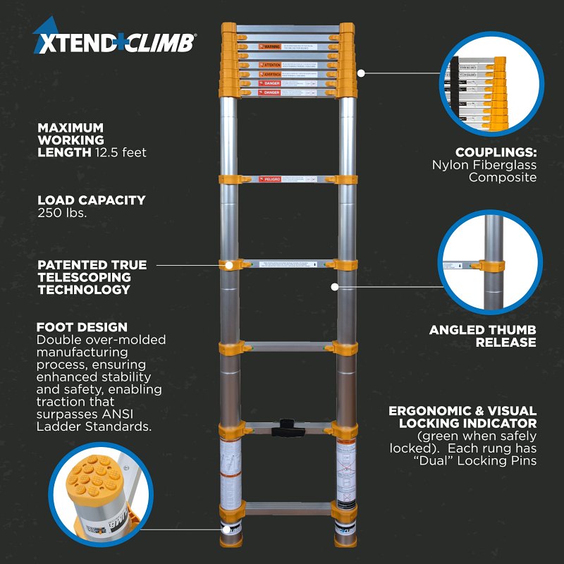 Xtend+Climb Home Series 770P Telescoping Ladder, 16-1/2 ft Max Reach H, 13-Step, 250 lb, 1-1/2 in D Step, Aluminum
