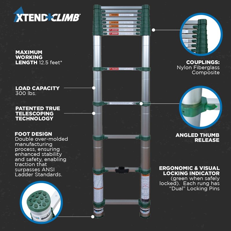 Xtend+Climb Pro Series 780P Telescoping Ladder, 16-1/2 ft Max Reach H, 13-Step, 250 lb, 1-1/2 in D Step, Aluminum