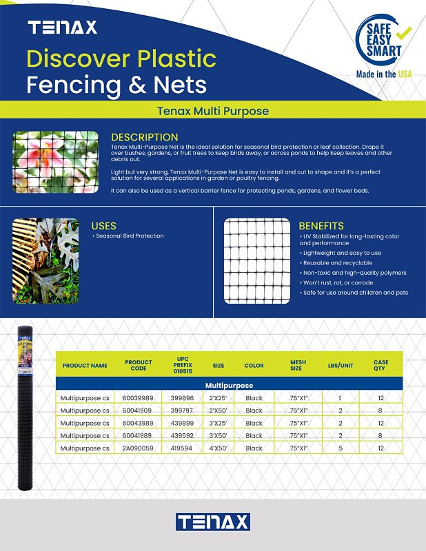 Tenax 60041909 Multi-Purpose Net Roll, 50 ft L, 2 ft H, 0.75 x 0.1 in Mesh, Polypropylene, Black
