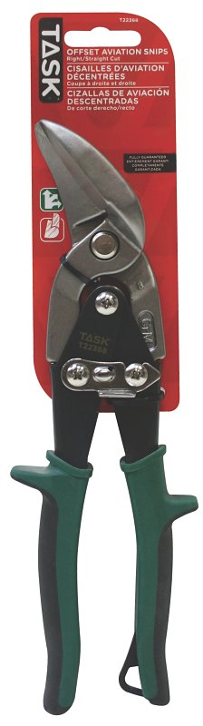 Task T22368 Aviation Snip, Right Cut, Chrome Molybdenum Steel Blade, Offset, Soft-Touch Handle, Green Handle