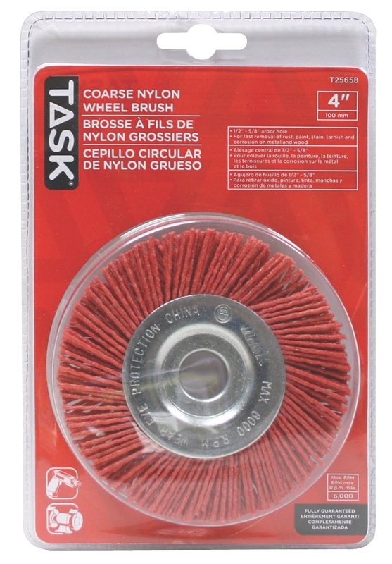 Task T25658 Wheel Brush, 4 in Dia, 1/2 to 5/8 in Arbor/Shank, Nylon Bristle