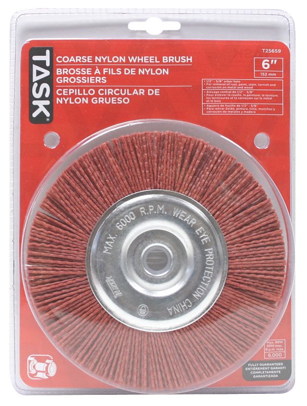 Task T25659 Wheel Brush, 6 in Dia, 1/2 to 5/8 in Arbor/Shank, Nylon Bristle