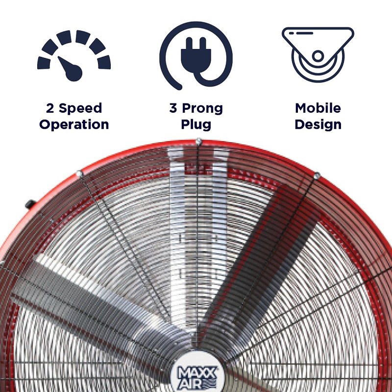 MaxxAir BF48BDRED Portable Drum Fan, 120 V, 2-Speed, 10,100 to 18,000 cfm Air, Black/Red