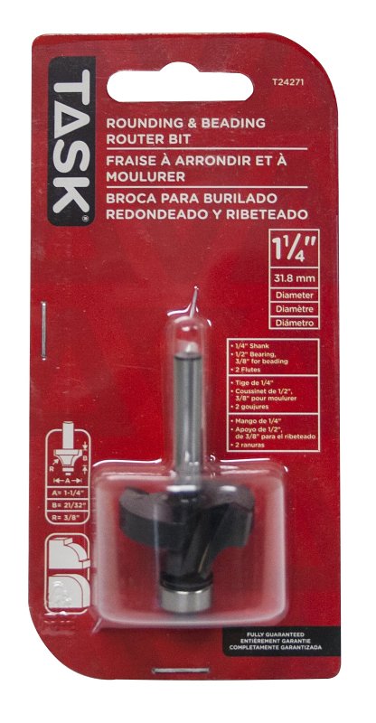 Task T24271 Series Router Bit, 1/2 in Dia, 1-1/4 in Dia Cutter, 1/4 in Dia Shank, Steel/Tungsten Carbide