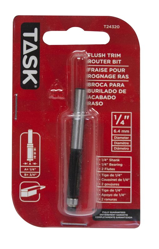Task T24320 Flush Trim Router Bit, 1/4 in Dia Cutter, 1/4 in Dia Shank, Steel/Tungsten Carbide
