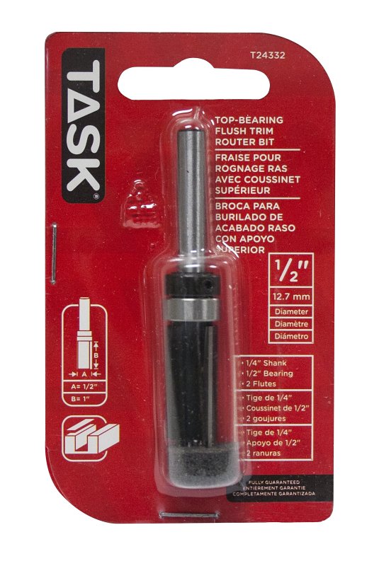 Task T24332 Series Flush Trim Router Bit, 1/2 in Dia, 1/2 in Dia Cutter, 1/2 in Dia Bearing, Steel/Tungsten Carbide