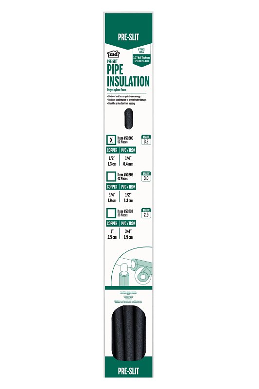 M-D 50200 Prep-Slit Tube Pipe Insulation, 6 ft L, Polyethylene, Black, 5/8 in Pipe