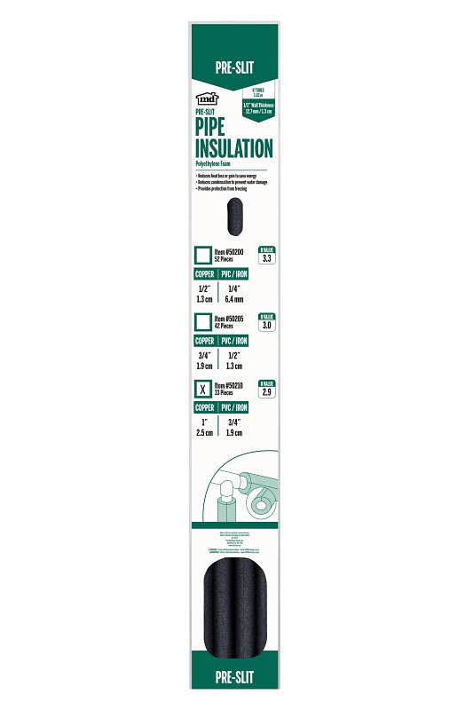M-D 50210 Prep-Slit Tube Pipe Insulation, 6 ft L, Polyethylene, Black, 1-1/8 in Pipe