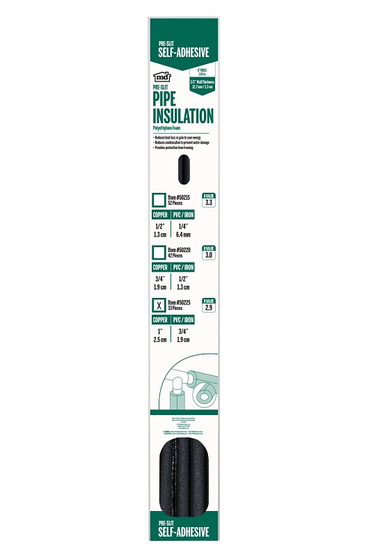 M-D 50225 Self-Sealing Tube Pipe Insulation, 6 ft L, Polyethylene, Black, 1-1/8 in Pipe, 1 in CTS, 3/4 in PVC IPS