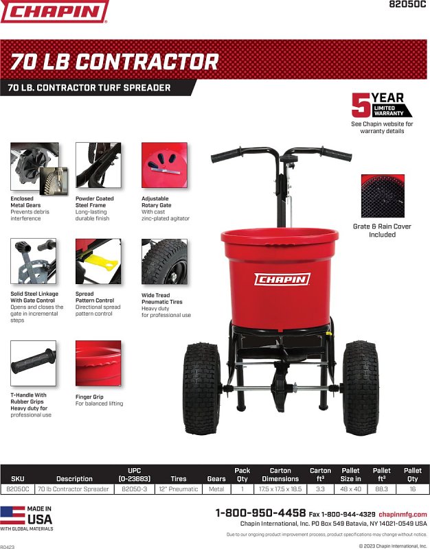 Chapin 82050C Contractor Turf Spreader, 70 lb, Steel Frame, Pneumatic Wheel