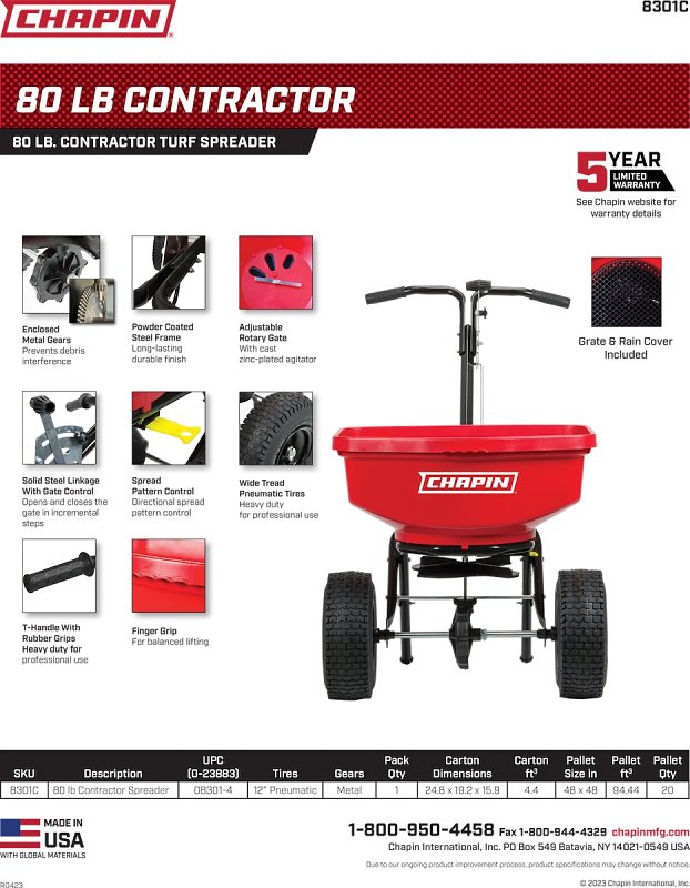 Chapin 8301C Contractor Turf Spreader, 80 lb, Powder-Coated Steel Frame, Poly Hopper, Pneumatic Wheel