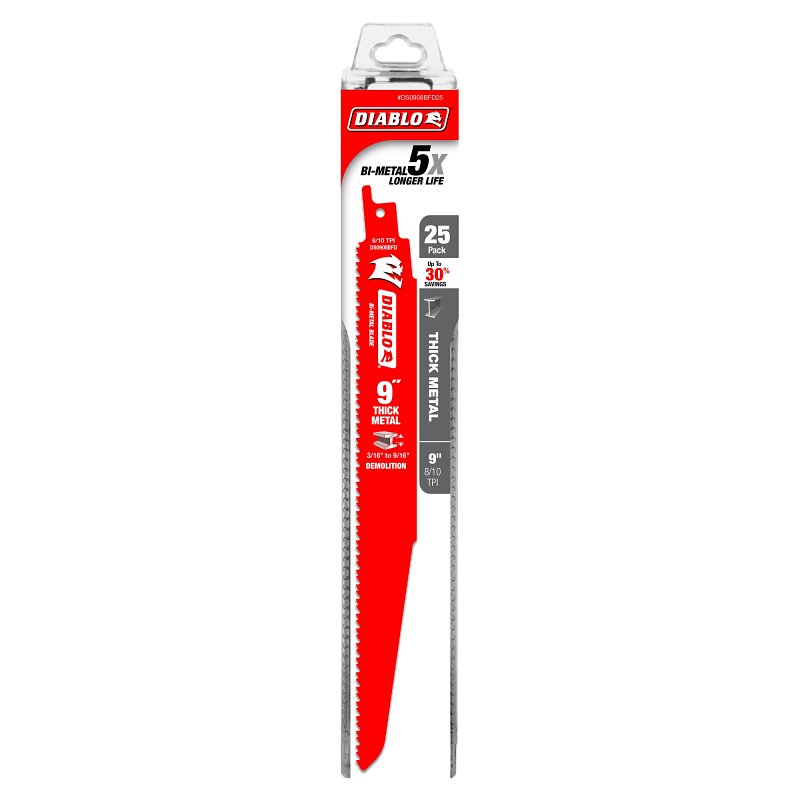 Diablo DS0908BFD25 Reciprocating Saw Blade, Applicable Materials: Thick Metal, 1 in W, 9 in L, 8, 25/PK