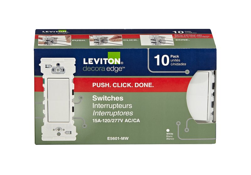 Decora Edge Series E5601-0MW Residential-Grade Rocker Switch, 15 A, 120/277 VAC, Side Lever Terminal, White