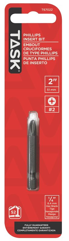 Task T67022 Screwdriver Bit, #2 Drive, Phillips Drive, 2 in L, S2 Steel, 1/PK