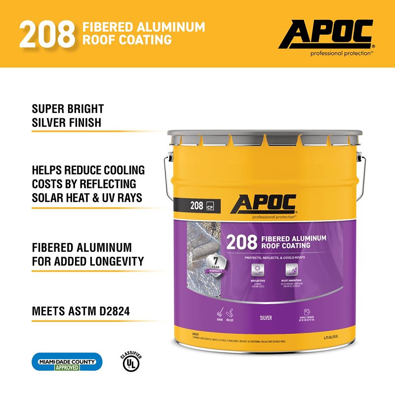 APOC AP-208 Series AP-2085 Fibered Aluminum Roof Coating, Bright Silver, 4.75 gal, Pail, Liquid
