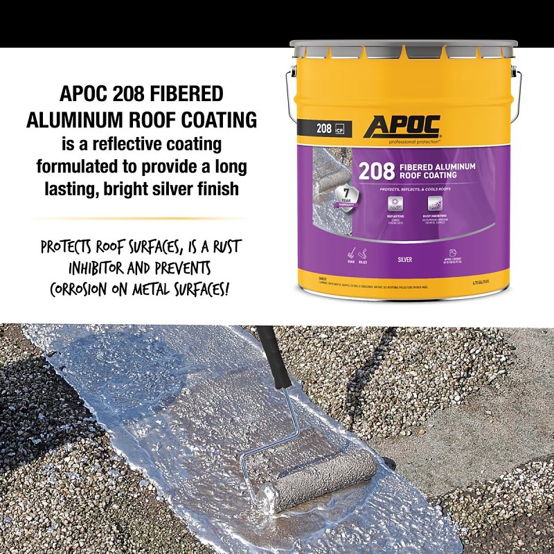 APOC AP-208 Series AP-2085 Fibered Aluminum Roof Coating, Bright Silver, 4.75 gal, Pail, Liquid