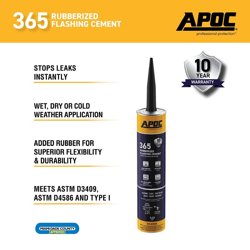 APOC AP-365 Series AP-3659 Rubberized Flashing Cement, Black, Liquid, 10 oz, Tube