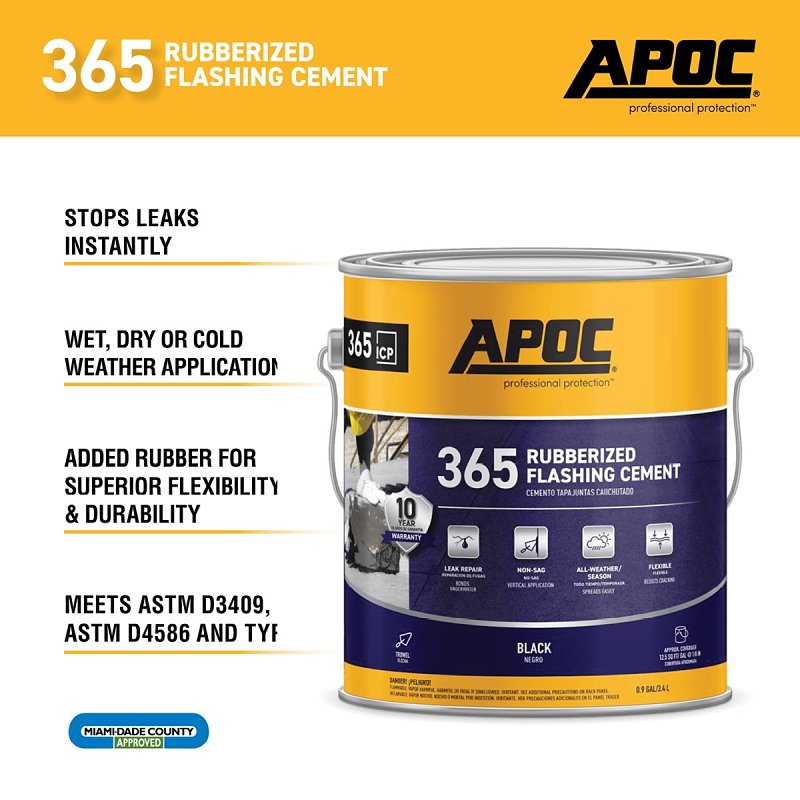 APOC AP-365 Series AP-3651 Rubberized Flashing Cement, Black, Liquid, 1 gal, Pail