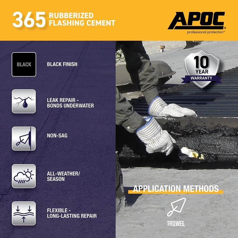 APOC AP-365 Series AP-3651 Rubberized Flashing Cement, Black, Liquid, 1 gal, Pail
