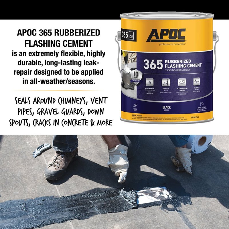 APOC AP-365 Series AP-3651 Rubberized Flashing Cement, Black, Liquid, 1 gal, Pail
