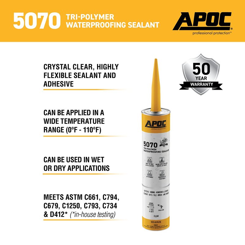 APOC AP-5070 Series AP-5070-0-61 Tri-Polymer Waterproofing Sealant, Clear, Liquid, 10 oz, Tube