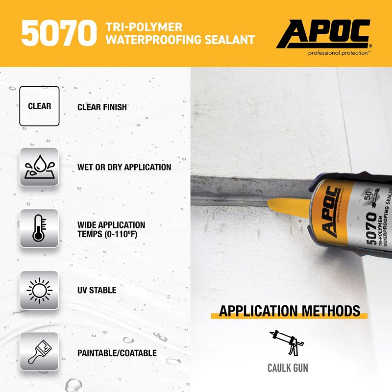 APOC AP-5070 Series AP-5070-0-61 Tri-Polymer Waterproofing Sealant, Clear, Liquid, 10 oz, Tube