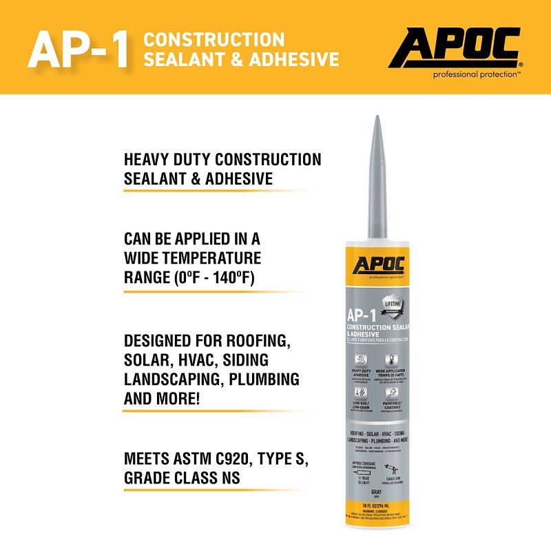 APOC GREEN-SEAL AP-1 Series AP-1000-7-61 Construction Sealant and Adhesive, Gray, Free-Flowing Paste, 10 oz, Tube