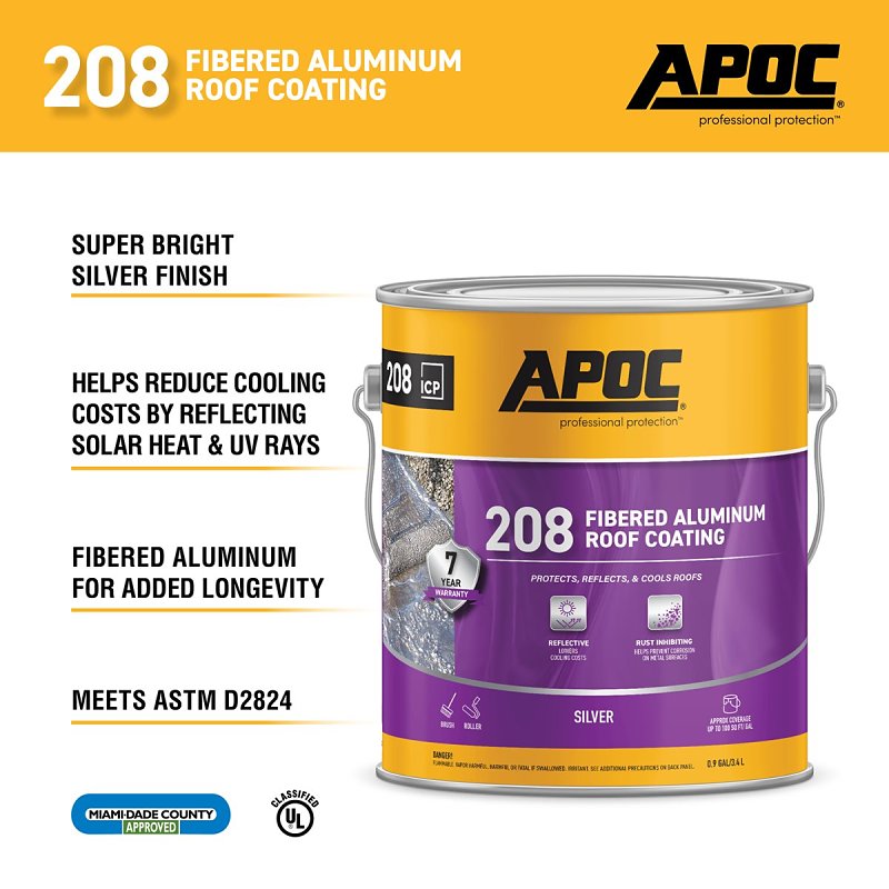 APOC AP-208 Series AP-2081 Fibered Aluminum Roof Coating, Bright Silver, 1 gal, Pail, Liquid