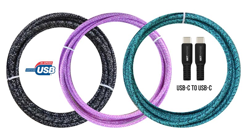 GetPower GP-XL-BRDC-C Power Delivery Braided Charging Cable, USB-C, USB-C, 10 ft Cable, Assorted Colors