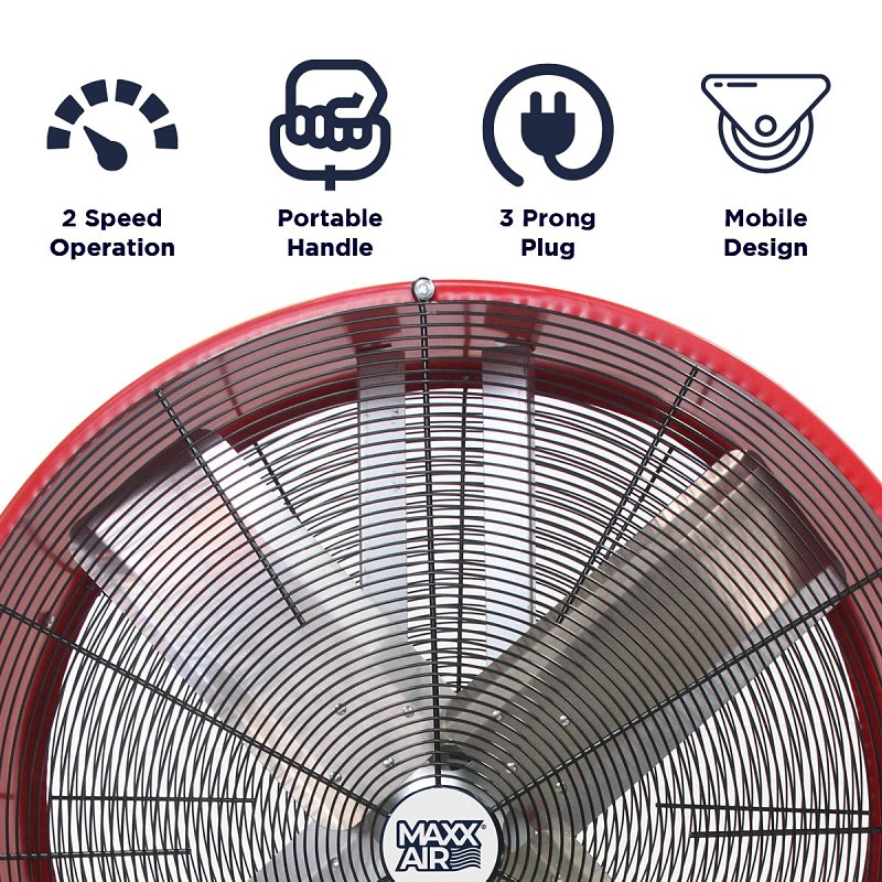 MaxxAir BF30DD Portable Barrel Fan, 120 V, 2-Speed, 4050 to 5000 cfm Air, Red