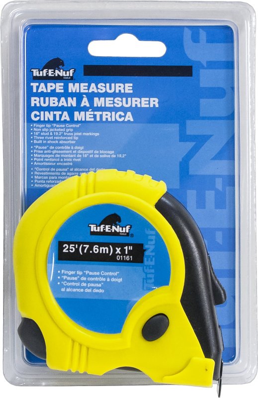 Tuf-E-Nuf 01161 Tape Measure, 25 ft L Blade, 1 in W Blade, Rubber Case, Yellow Case