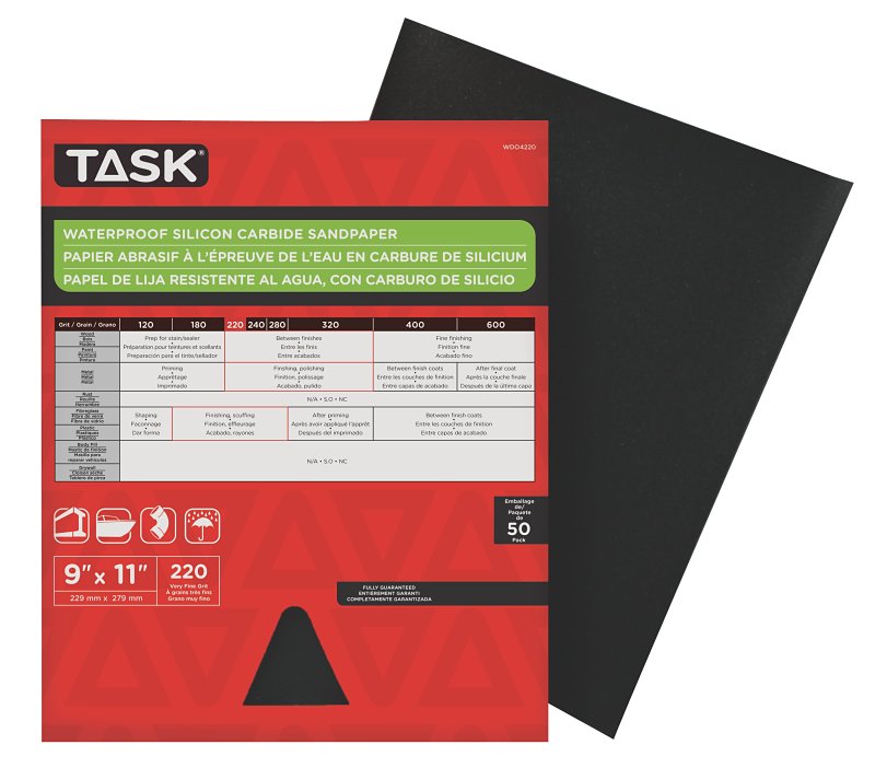 Task WDO4220 Sandpaper, 11 in L, 9 in W, Very Fine, 220 Grit, Silicon Carbide Abrasive