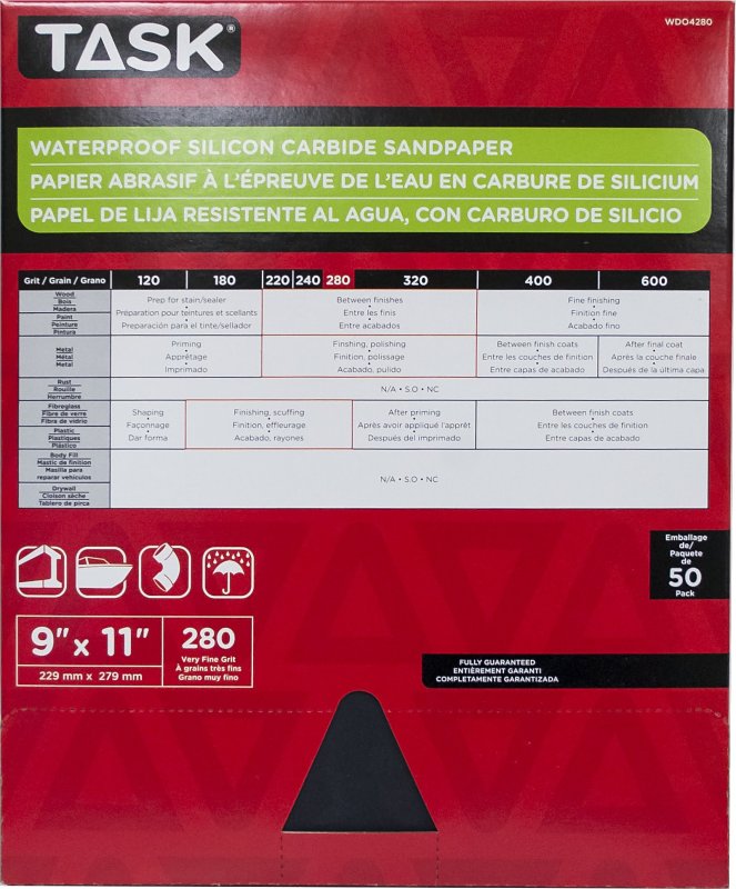 Task WDO4280 Sandpaper, 11 in L, 9 in W, Very Fine, 280 Grit, Silicon Carbide Abrasive