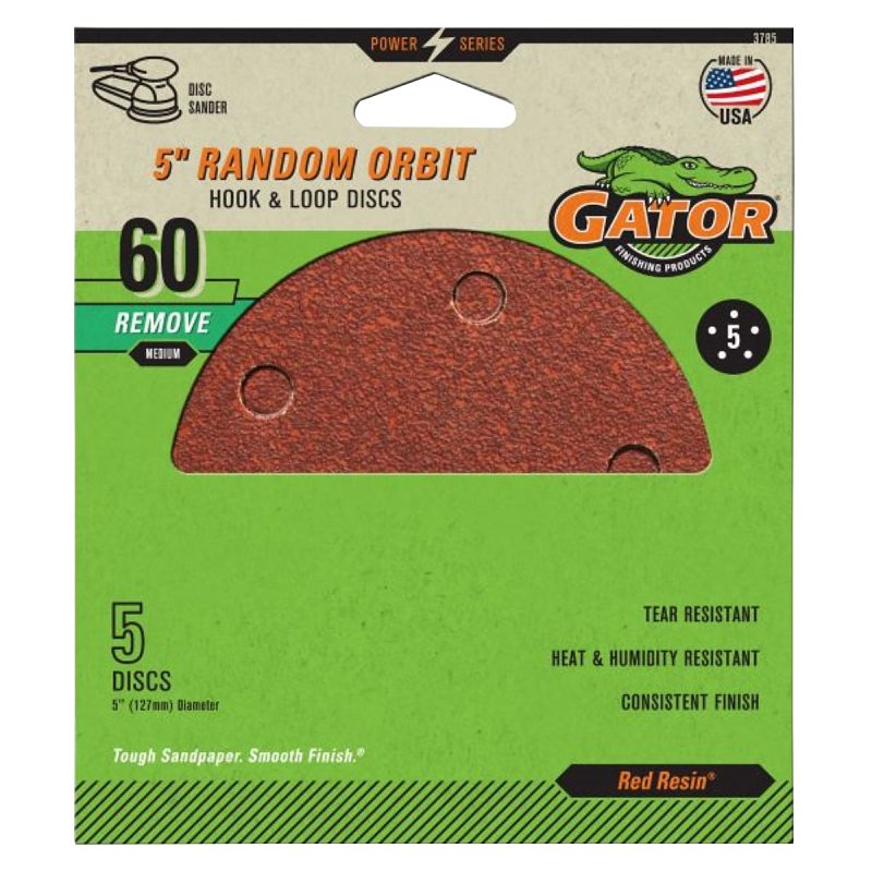 Gator 3785 Sanding Disc, 5 in Dia, 60 Grit, Coarse, Aluminum Oxide Abrasive, Vented